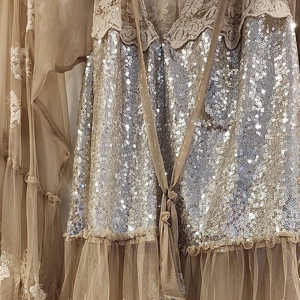 Anthropologie Sheer Lace & Sequin Beige/Taupe Blouse - Picture 3 of 7